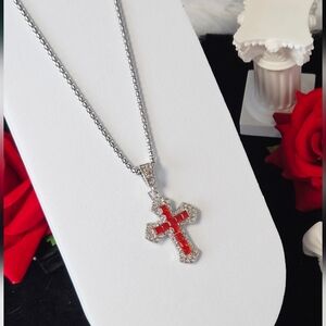 Iced Out Red Passion Cross Necklace Stainless Steel Ruby Crystal 24” Box Chain